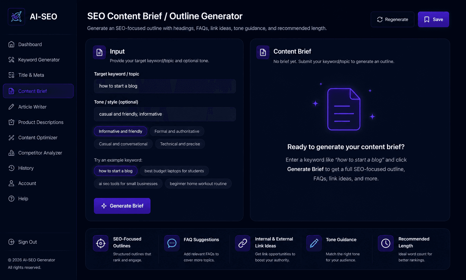 SEO Content Brief / Outline Generator with headings, FAQs, and tone guidance.