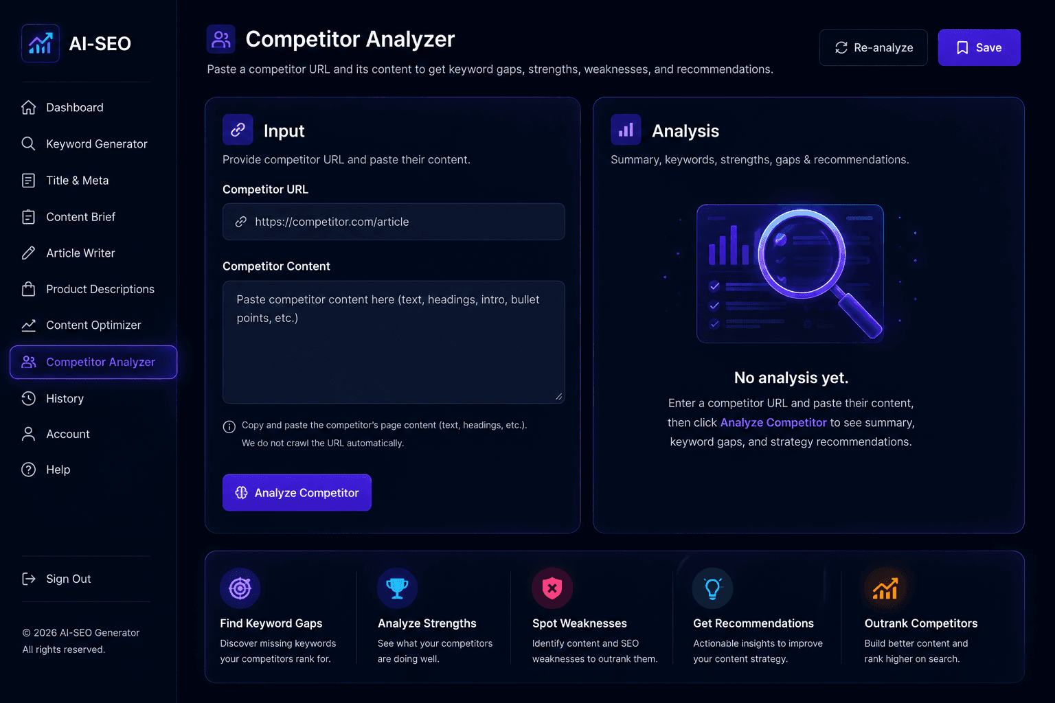 Full AI Article Generator with topic input, tone selector, and output preview.