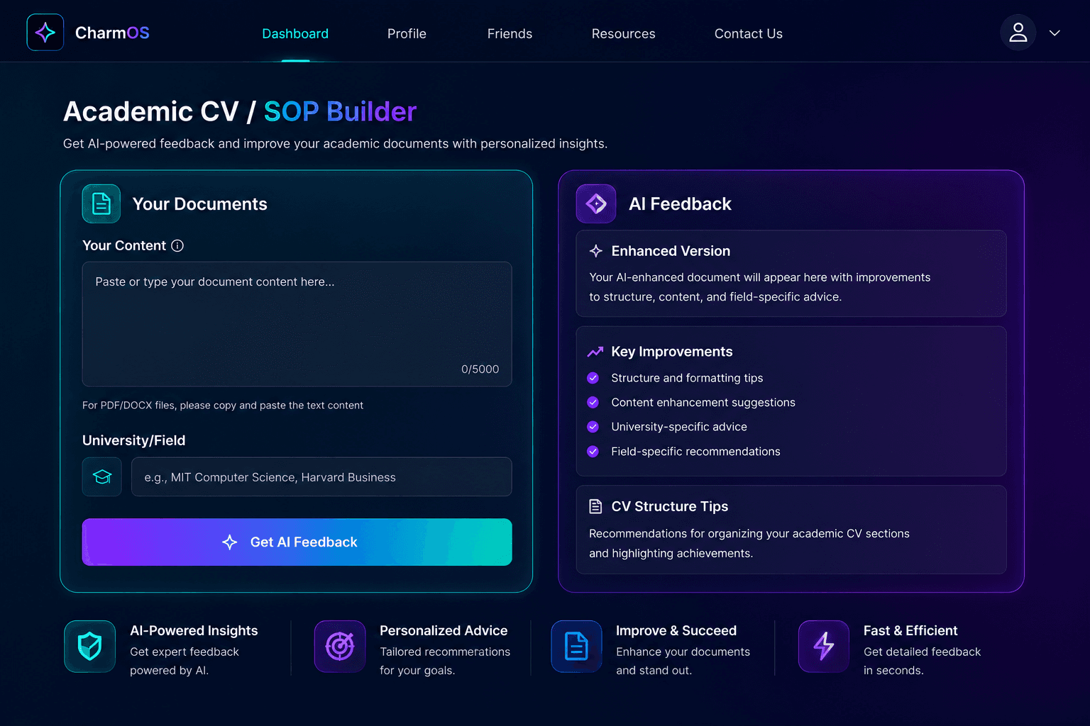 CharmOS Academic CV / SOP Builder with AI feedback for university and field-specific advice.