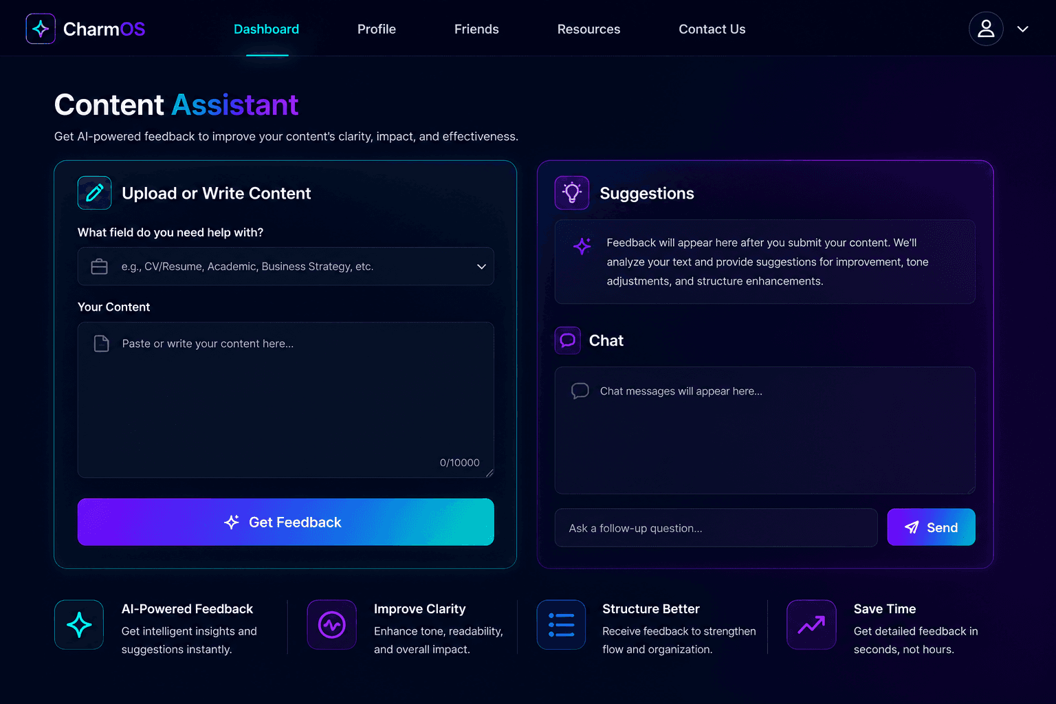 CharmOS Content Assistant providing AI-powered feedback and a follow-up chat for any content.