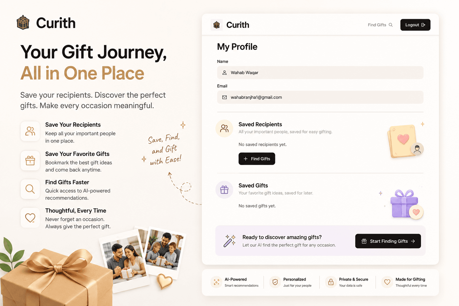 Curith My Profile page with saved recipients, saved gifts, and quick access to AI-powered gift discovery.