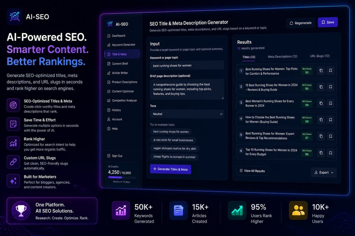 SEO Title & Meta Description Generator with SEO scores for each result.