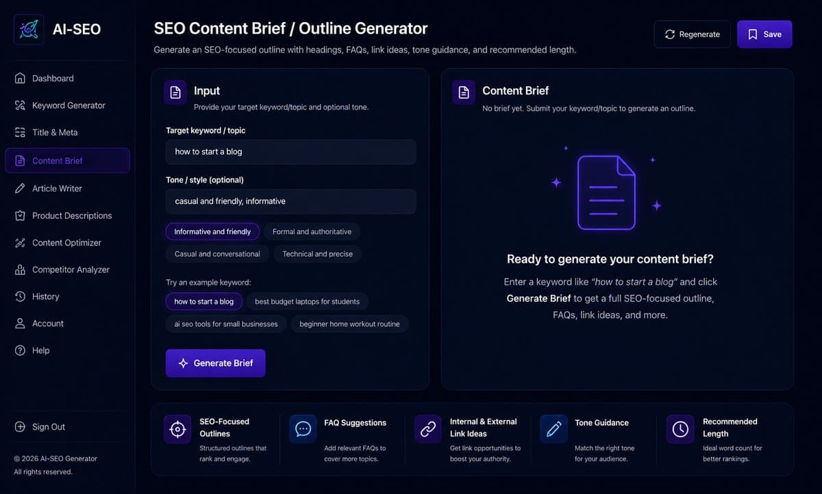SEO Content Brief / Outline Generator with headings, FAQs, and tone guidance.