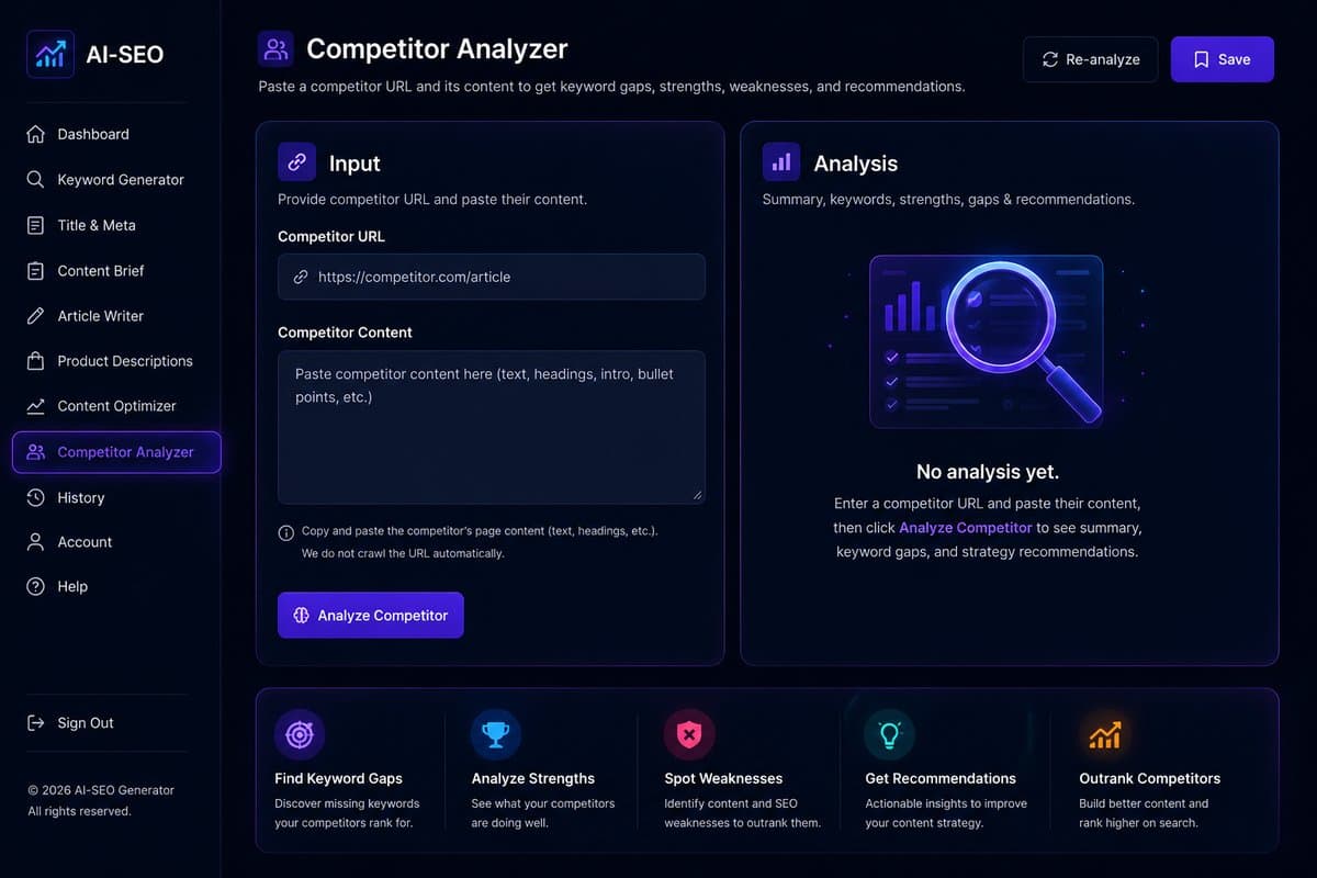 Full AI Article Generator with topic input, tone selector, and output preview.