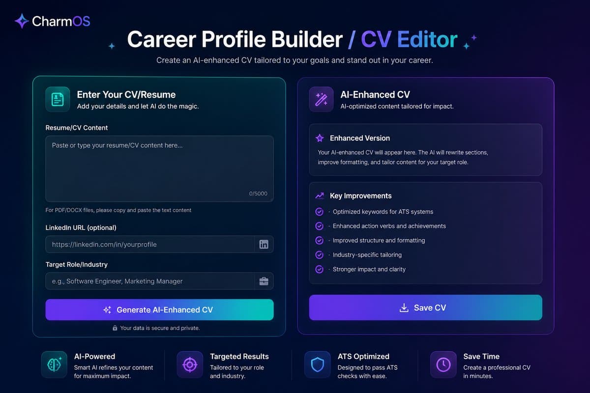 CharmOS CV editor input form with LinkedIn URL, target role, and AI improvement checklist.