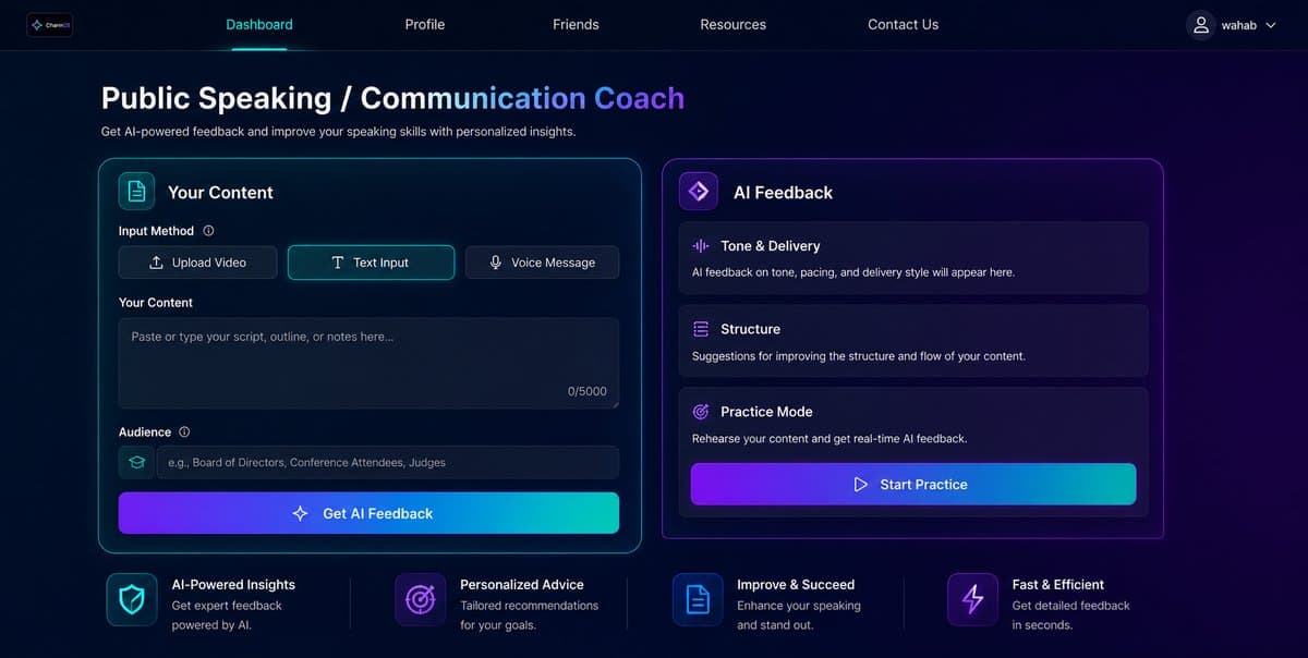 CharmOS Public Speaking / Communication Coach with text, voice, and video input plus tone and delivery feedback.