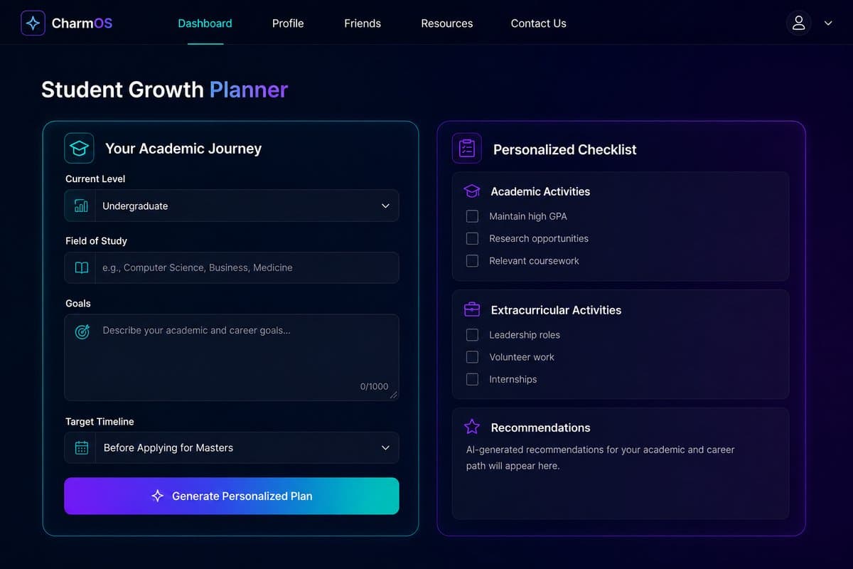 CharmOS Student Growth Planner with academic journey inputs and personalized checklist.