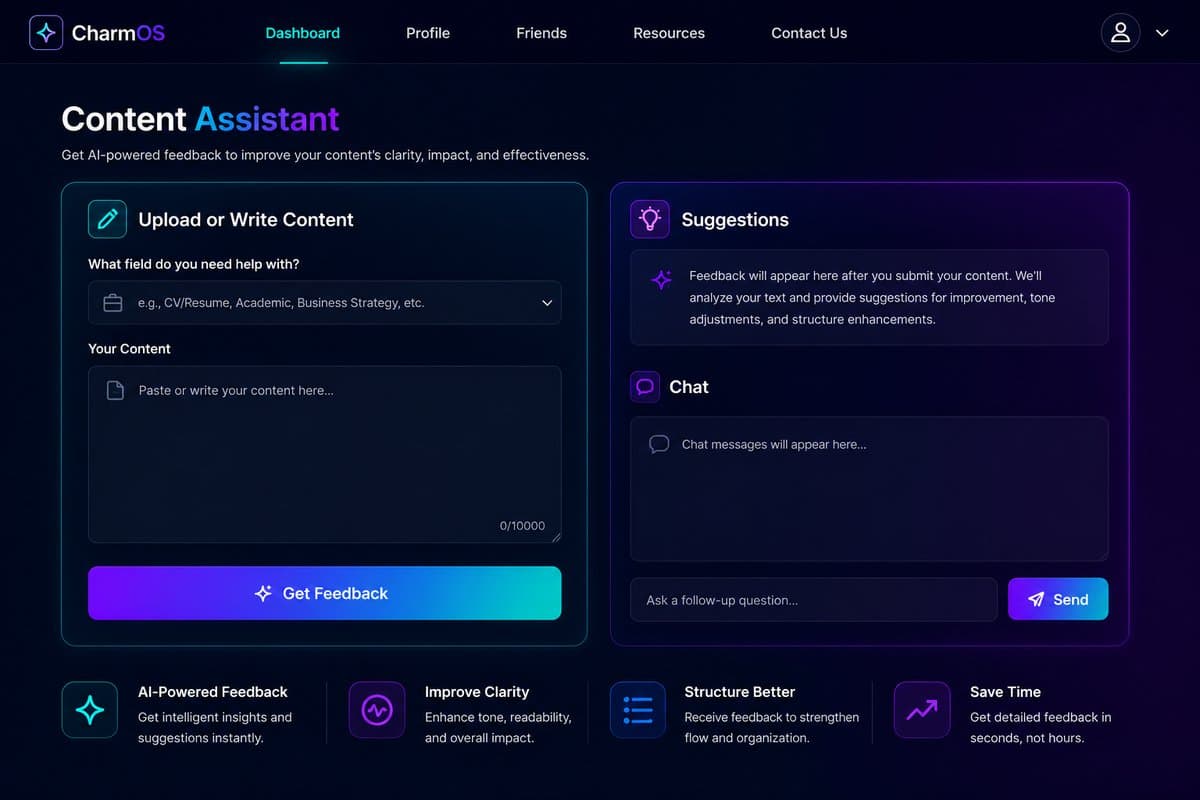 CharmOS Content Assistant providing AI-powered feedback and a follow-up chat for any content.