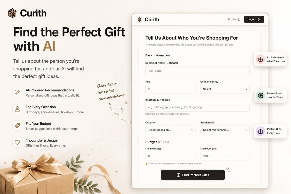 Curith AI gift finder form asking for recipient name, age, gender, interests, occasion, relationship, and budget.