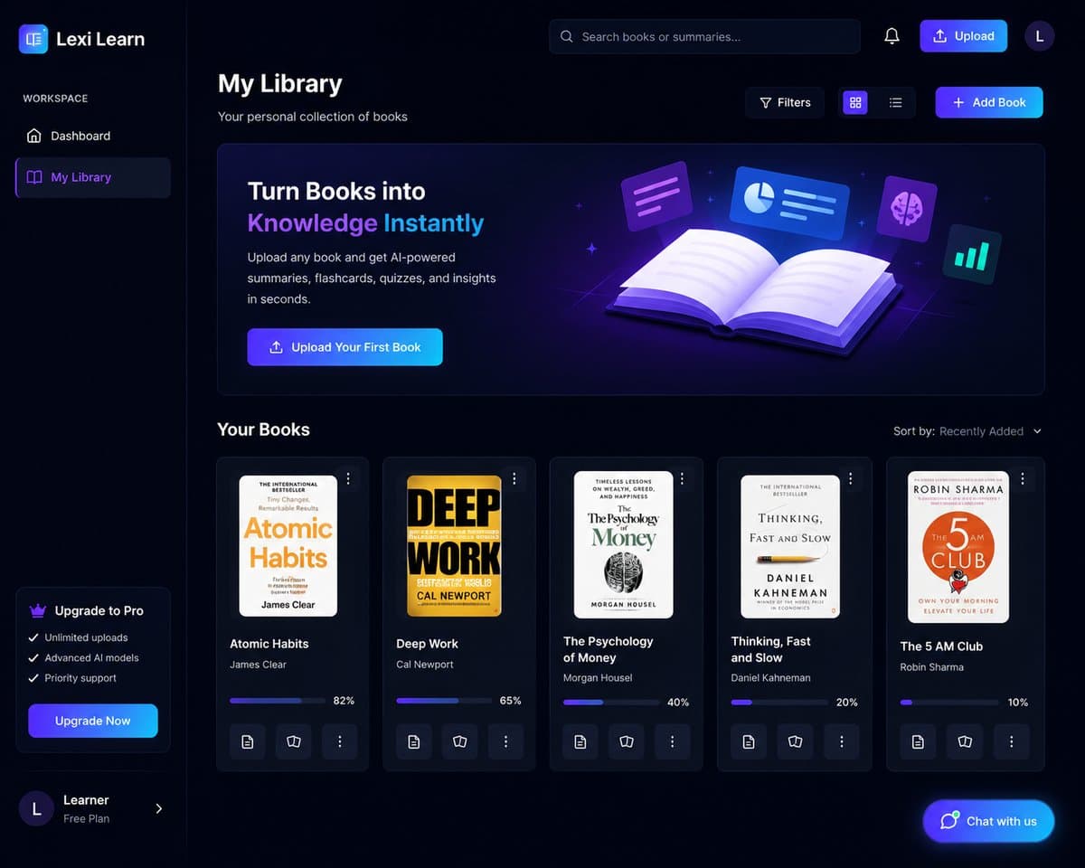 Lexi Learn My Library page with a grid of uploaded books including Atomic Habits, Deep Work, and The Psychology of Money with reading progress.