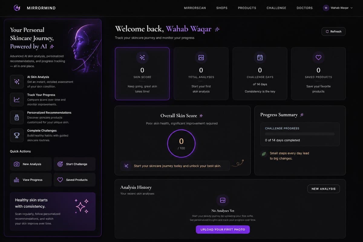 MirrorMind dashboard with skin score metrics, quick actions, overall skin score, progress summary, and analysis history.
