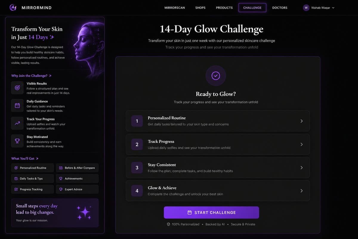 MirrorMind 14-Day Glow Challenge page with benefits and a four-step challenge flow ending in a Start Challenge button.