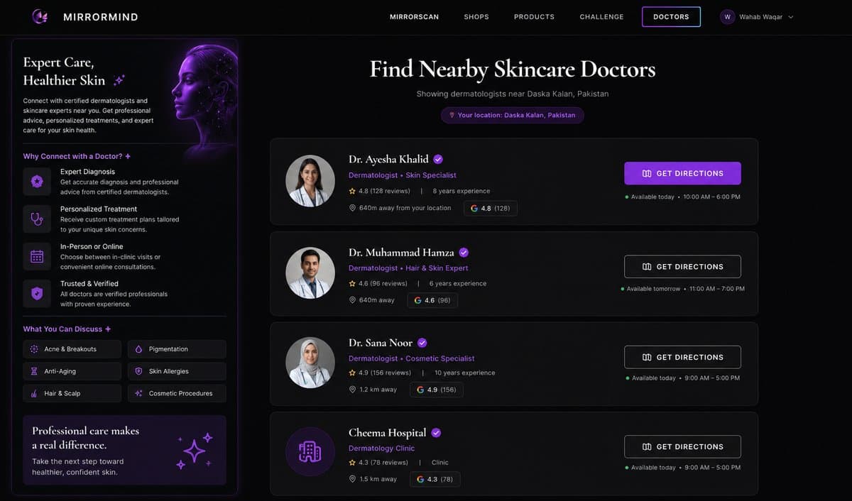 MirrorMind Find Nearby Skincare Doctors page listing verified dermatologists near Daska Kalan with ratings and availability.
