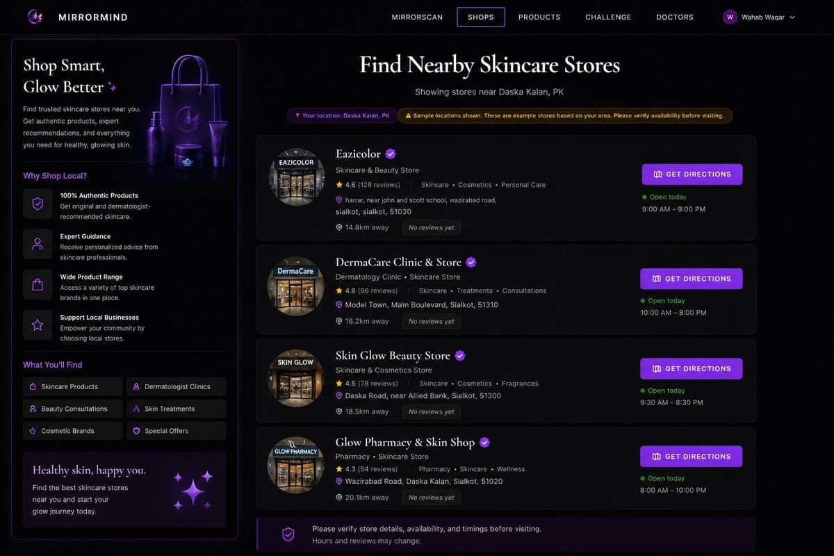 MirrorMind Find Nearby Skincare Stores page showing local skincare and cosmetics shops with reviews, hours, and directions.