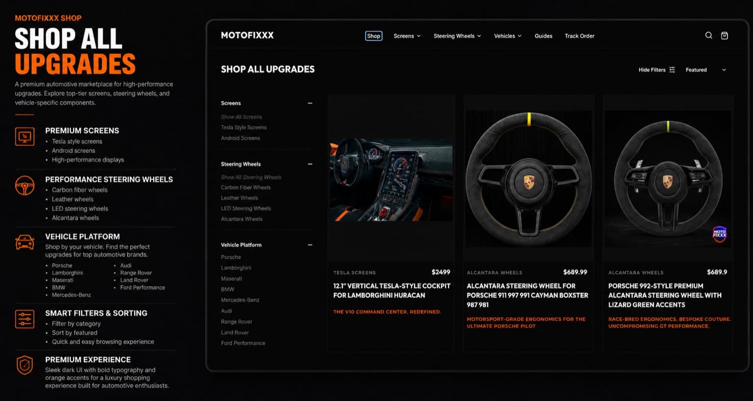 MotoFixxx shop page showcasing premium screens, steering wheels, and vehicle platform filters.