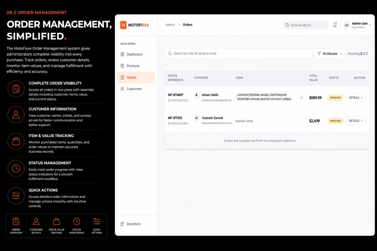 MotoFixxx admin product catalog editor for steering wheels, screens, and vehicle fitment.