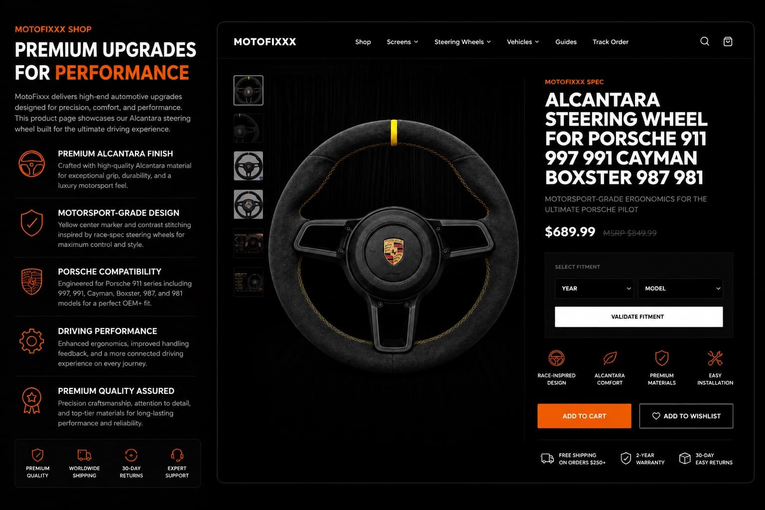 MotoFixxx Alcantara steering wheel product detail page for Porsche 911, Cayman, and Boxster.