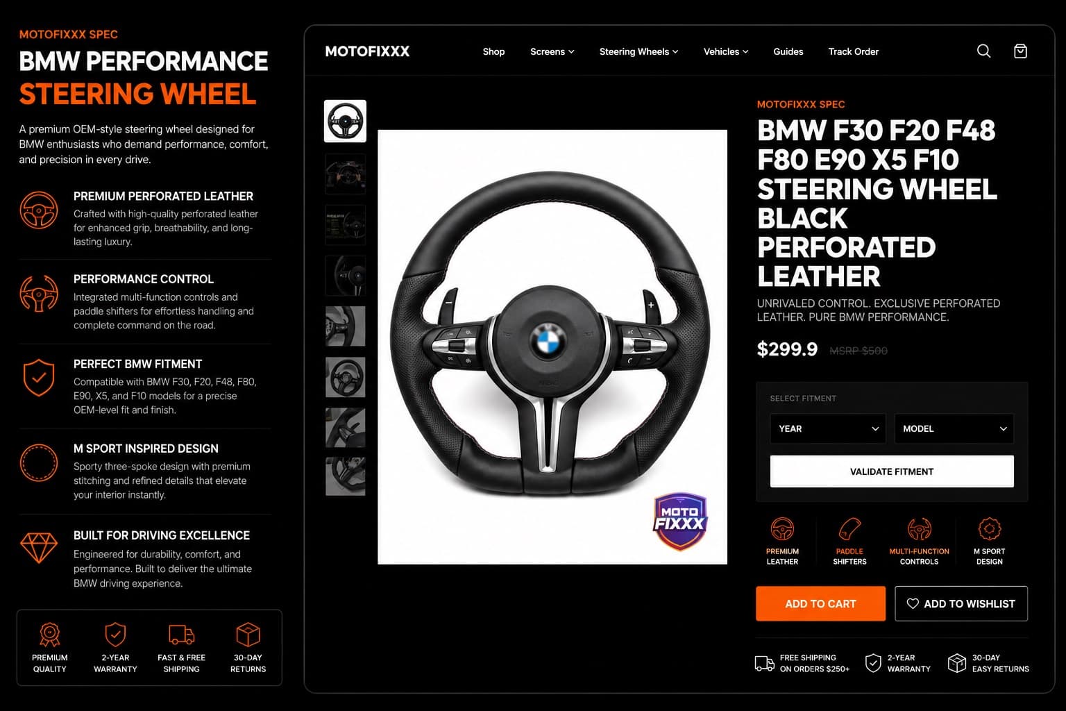 MotoFixxx BMW black perforated leather steering wheel product page.