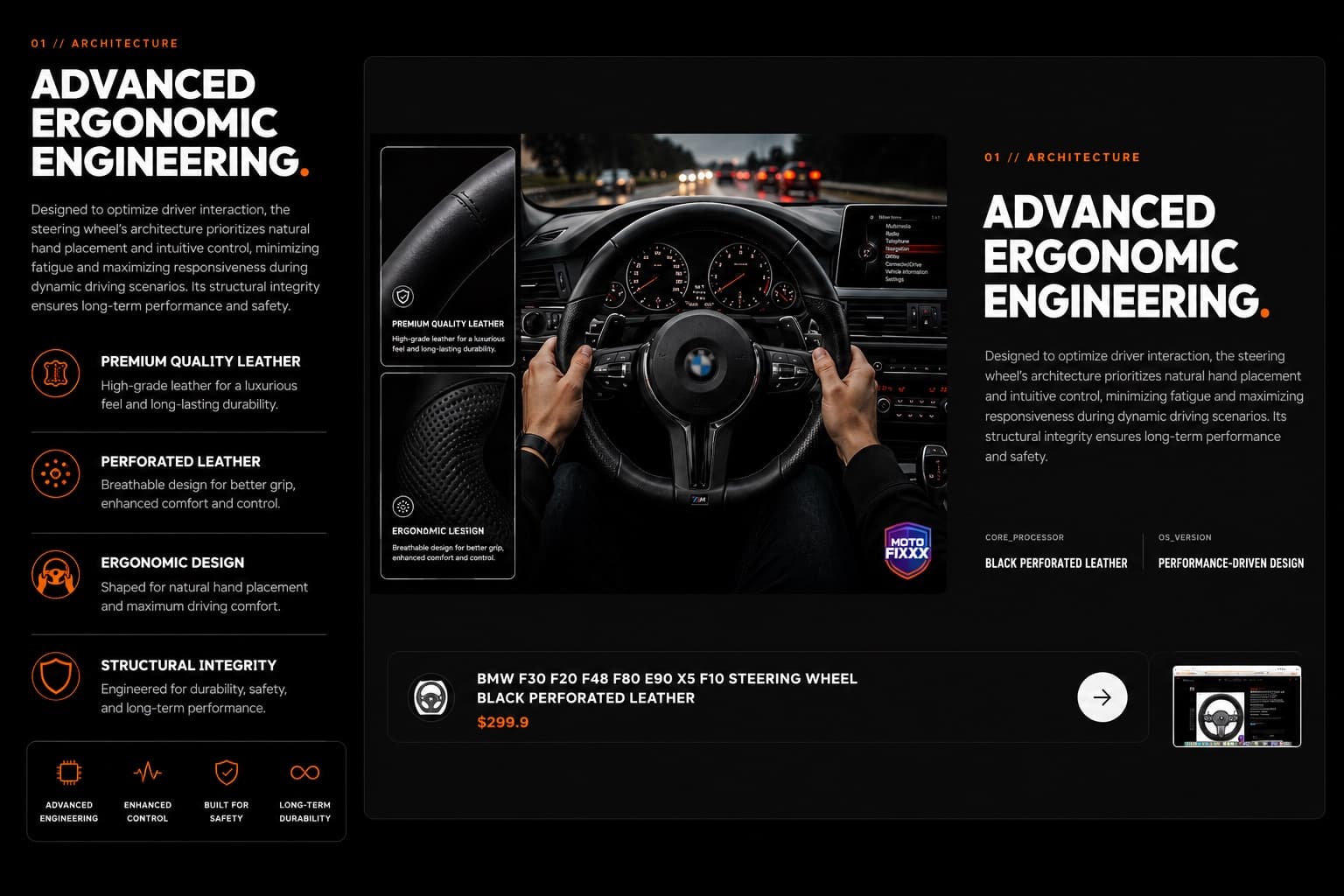 MotoFixxx advanced ergonomic engineering feature section for BMW steering wheel.