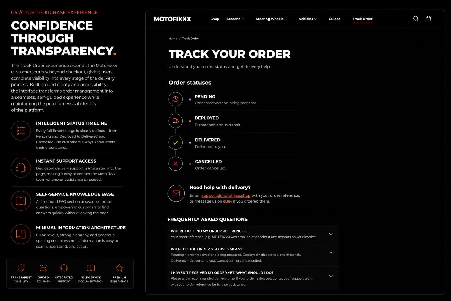 MotoFixxx Track Order page with order statuses and FAQ support.