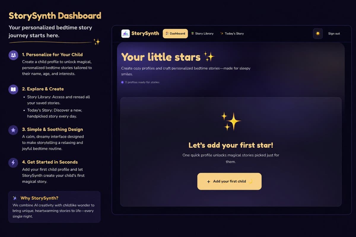 StorySynth homepage for AI personalized children's stories.
