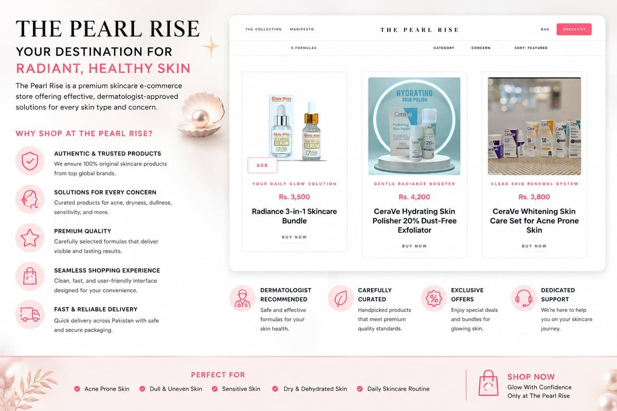 The Pearl Rise luxury skincare storefront hero with Marine Pearl and 24k Gold formulas.
