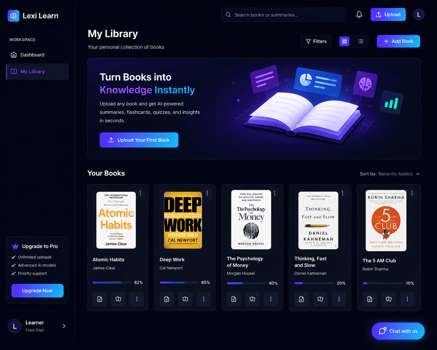 Lexi Learn My Library page with a grid of uploaded books including Atomic Habits, Deep Work, and The Psychology of Money with reading progress.