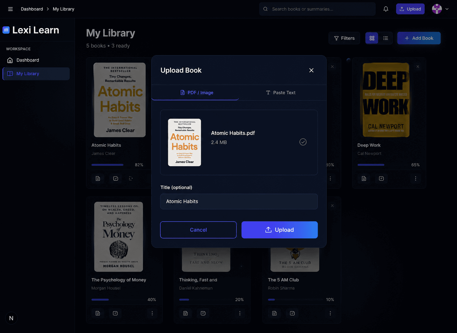 Lexi Learn Upload Book modal accepting PDF or image files, with Atomic Habits.pdf selected and title input ready.