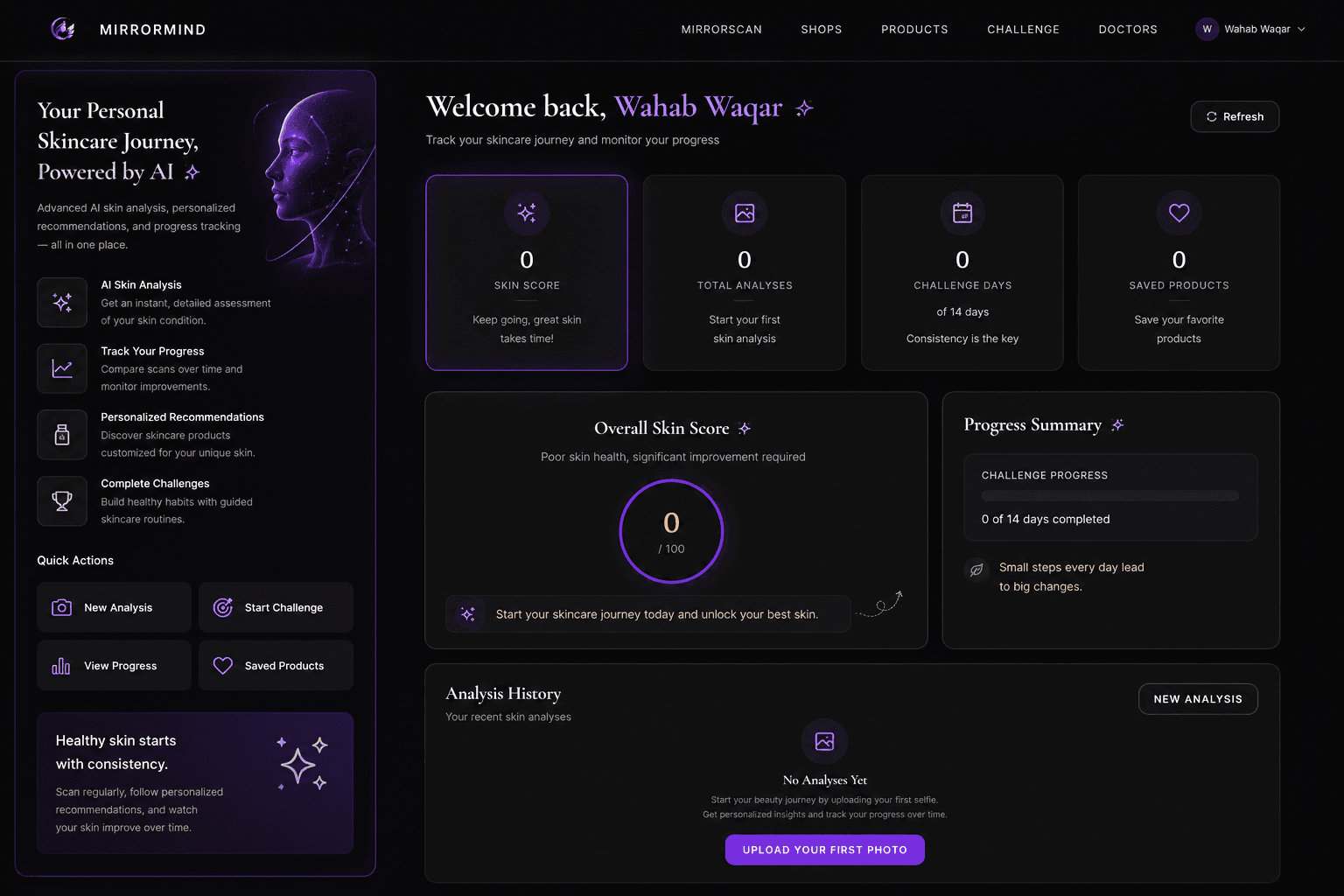 MirrorMind dashboard with skin score metrics, quick actions, overall skin score, progress summary, and analysis history.