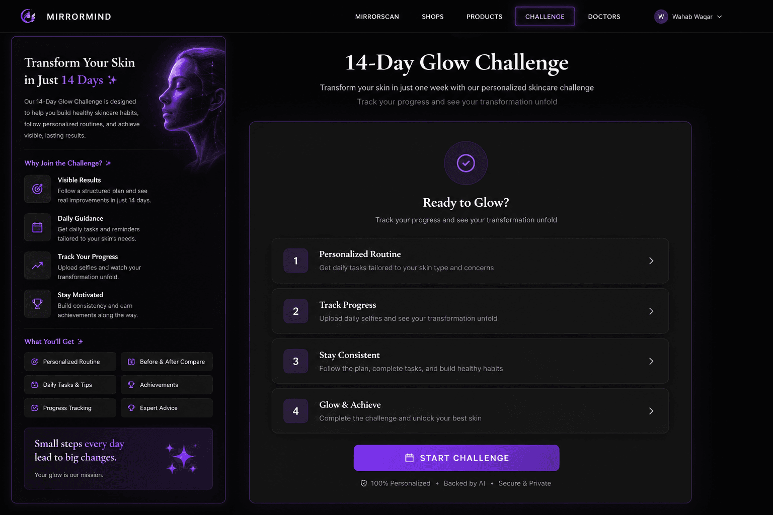 MirrorMind 14-Day Glow Challenge page with benefits and a four-step challenge flow ending in a Start Challenge button.