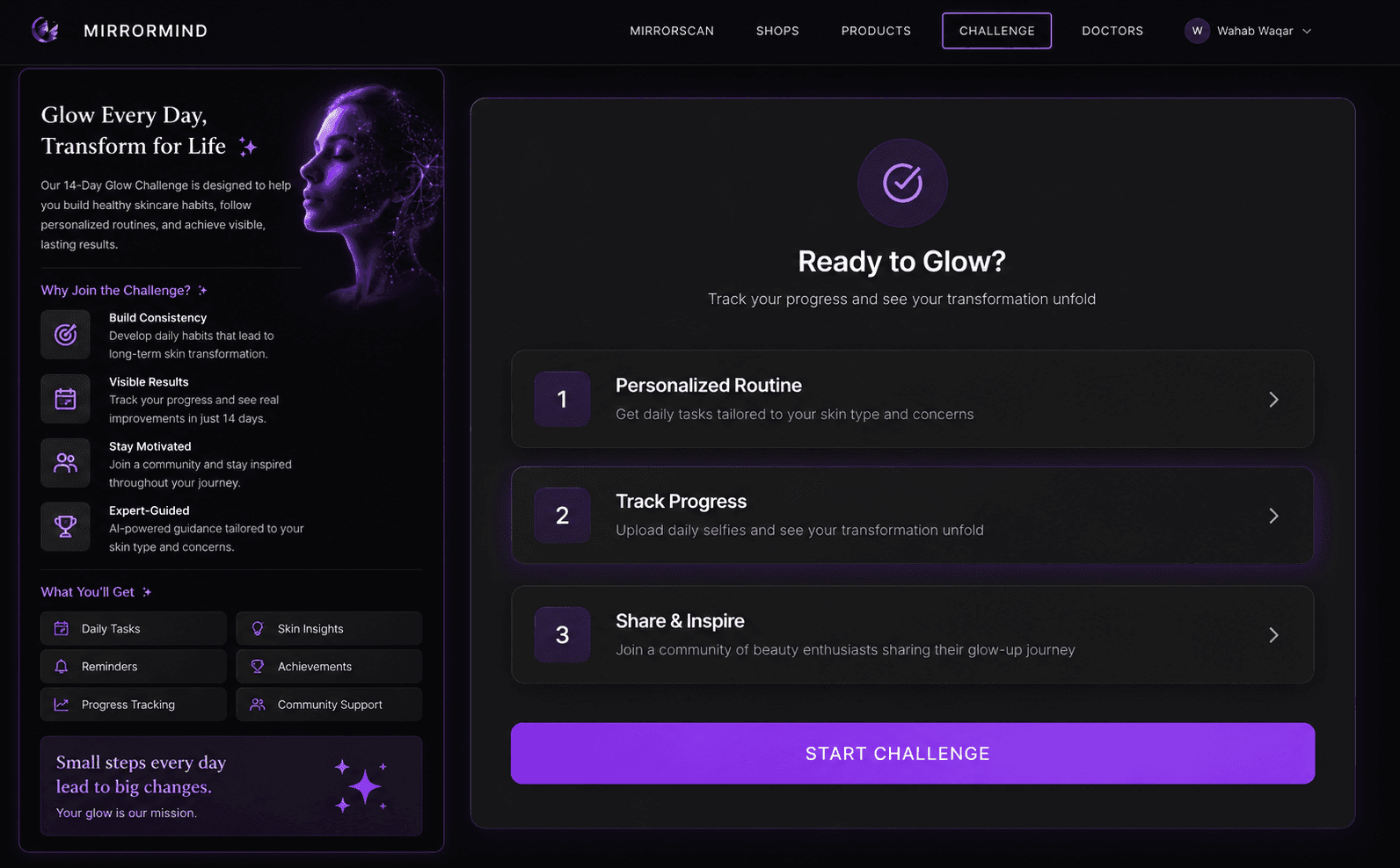 MirrorMind challenge overview with community support, daily tasks, reminders, and progress tracking.