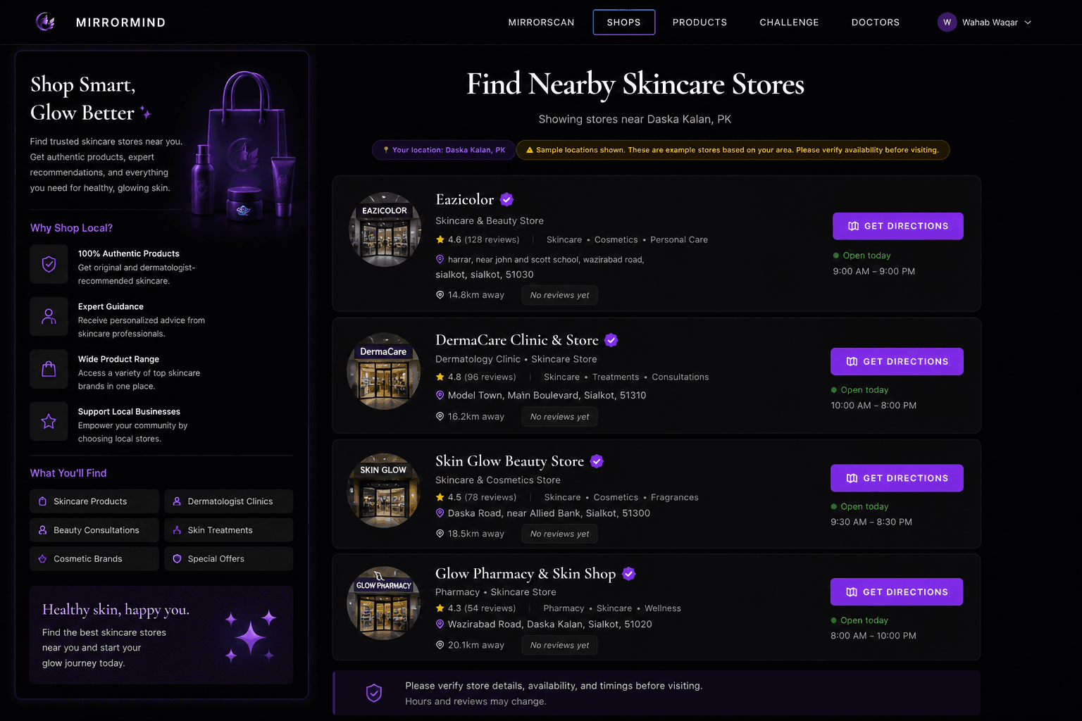 MirrorMind Find Nearby Skincare Stores page showing local skincare and cosmetics shops with reviews, hours, and directions.