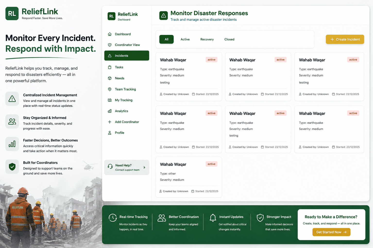 Interactive disaster mapping with geolocation of incidents and safe zones.