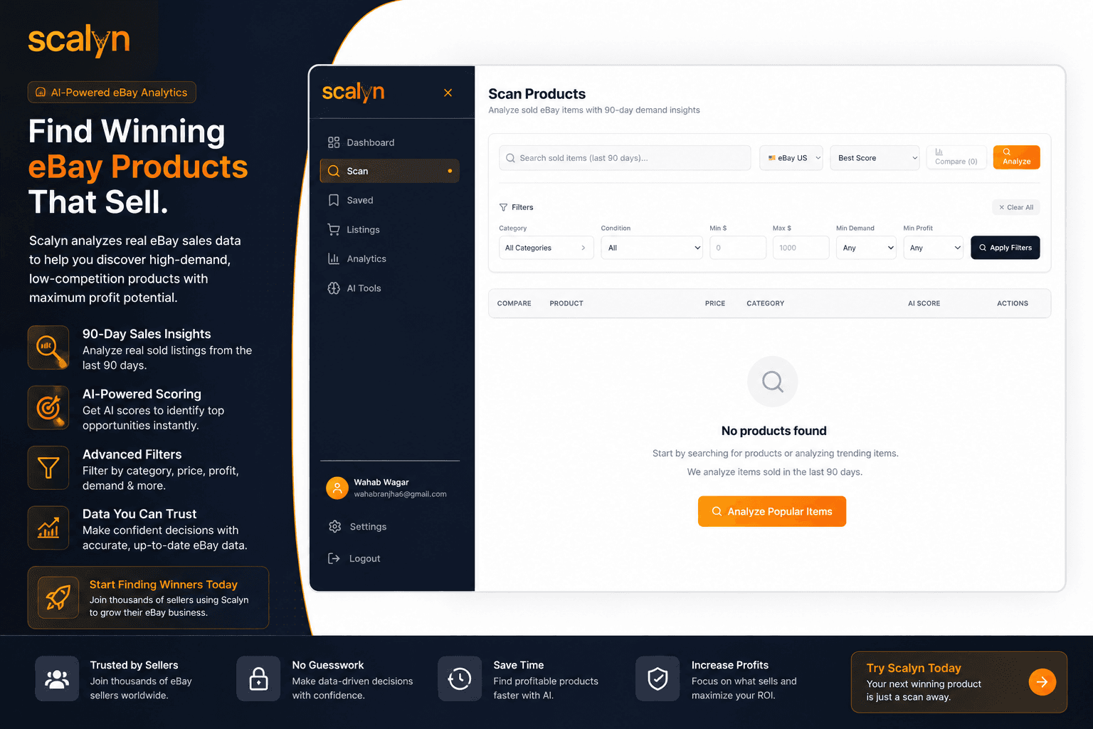 Scalyn.ai dashboard for AI-powered product research and listing management.