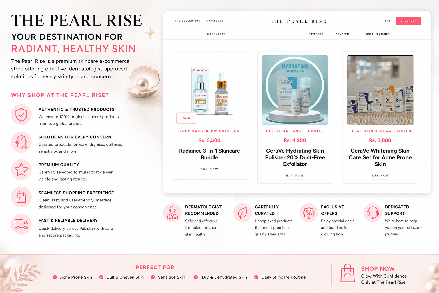 The Pearl Rise luxury skincare storefront hero with Marine Pearl and 24k Gold formulas.